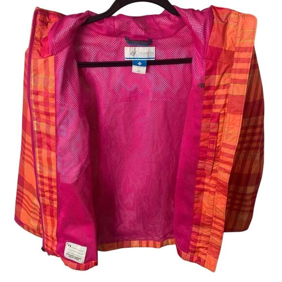 Columbia Girls Hooded Mesh Lined Rain Jacket Coat Plaid Pink Orange Size Large - Picture 2 of 4